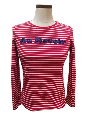 •Red & White Striped Long Sleeve Top with Blue Embroidered Script